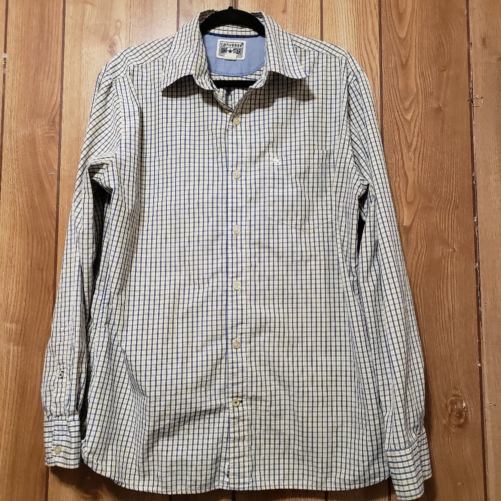 Men's Converse long sleeve button up shirt plaid size Large yellow/blue.